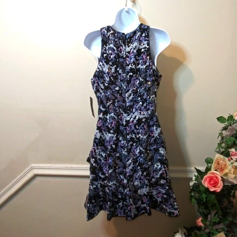 Aidan By Aidan Mattox Halter Neck Style Blue/Multi Sequin Covered Cocktail Dress - Picture 8 of 14